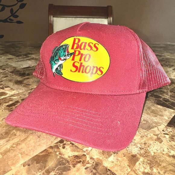Bass Pro Shops Logo Mesh Net Trucker Hat Cap in Maroon Red - Picture 3 of 7